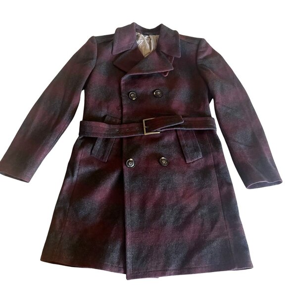 Joseph Abboud Mens 40L Wool Pea Coat Overcoat Magenta Black Plaid Pleated Back - Picture 1 of 16